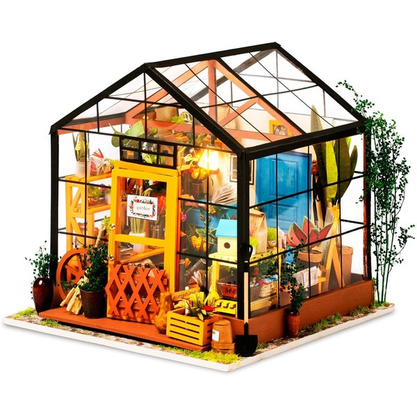 Robotime DIY Doll House kit Cathys Flower House, Miniature Greenhouse Craft Kit for Adults, Mini Diorama Room with Furniture, Educational Toys