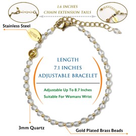 Morchic Clear Quartz Crystal Natural Gemstone Adjustable Bracelet for Women, 3mm Mini Beads Energy Gem Charm Jewelry, Birthday Gift 7.1"