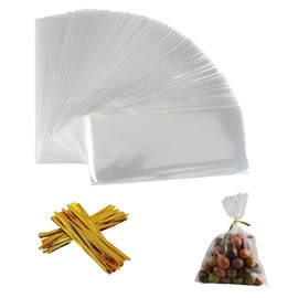 COOLAKE Cellophane Treat Bag 4x9 Inch 100PCS Goody Bags Party Favor Bag Clear Candy Bags with Twist Ties for Candy Popcorn Cookie (100 PCS 4'' by 9'')