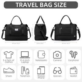 HYC00 Travel Duffle Bag Womens Large Overnight Bag with Shoes Compartment & Wet Pocket, Travel Bag Weekend Bags for Women and Men Sports Gym Bag Hospital Bag Carry on Hand Luggage Bag Tote Bags, Black