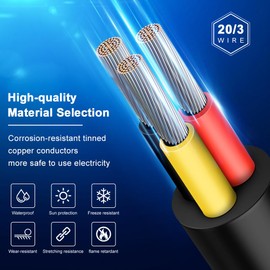 20 Gauge 3 Conductor Electrical Wire, 33FT 2464 20AWG 3 Wire Cable Black PVC Stranded Tinned Copper, 20/3 Cord Extension Low Voltage Cable