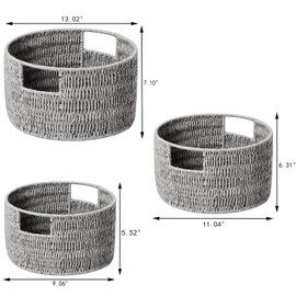 Vagusicc Wicker Storage Basket, Hand-Woven Paper Rope Large Round Woven Basket With Handles, Wicker Baskets for Organizing/Storage, Grey, 3-Pack
