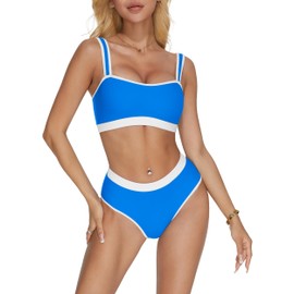MOOSLOVER Women Sporty Color Block Bikini Sets Cheeky High Cut Two Piece Swimsuit (XL,Blue)