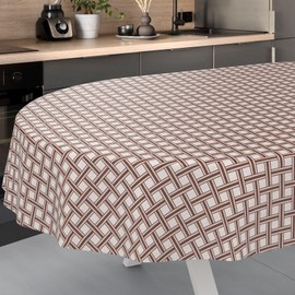 ANRO Oilcloth Tablecloth, Washable, Oilcloth, Garden Tablecloth, Outdoor, Indoor, Oval, 180 x 140 cm, Cut Edge, Checked Beige