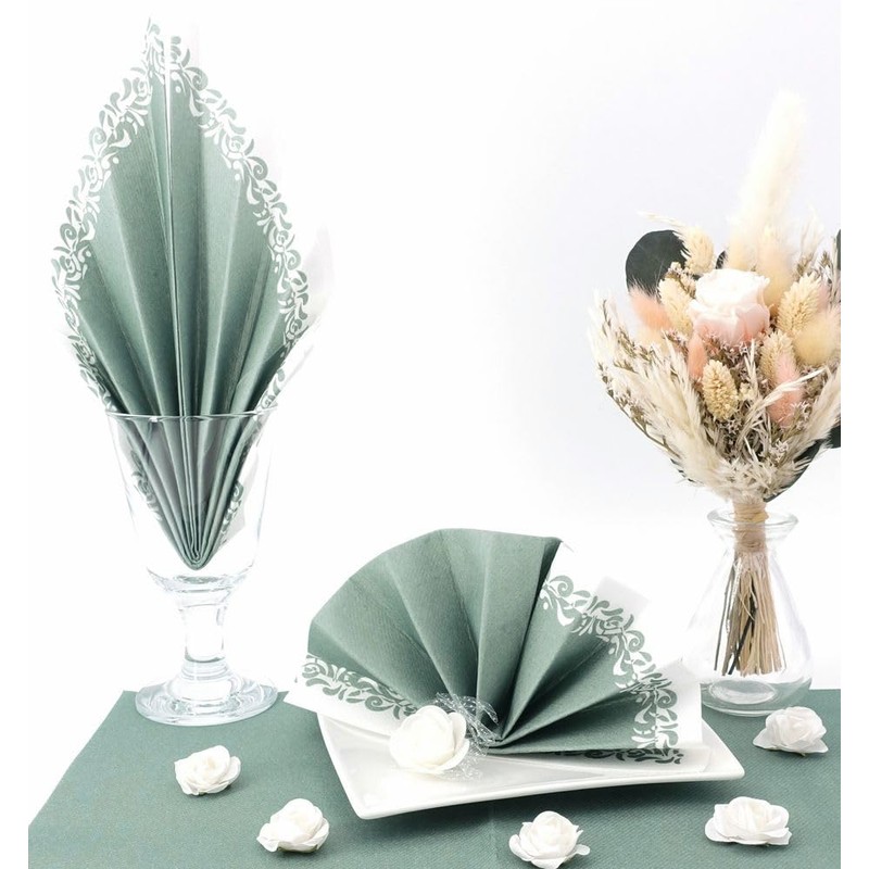 50 Serviettes Fabric-Like – Romantic; Colour: Eucalyptus Green, Size: 40