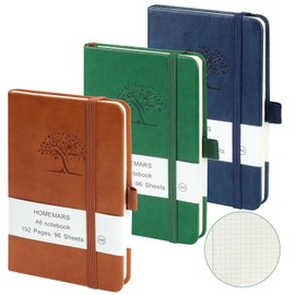 HOMEMARS Small Notebook, Pocket Notebook, 3 Pack, Notebook A6, Squared,3.7" x 5.7"Leather, Brown, Green, Blue,192 Pages Each, Hardcover, Mini Journal Notepad, Embossing Tree Design