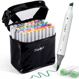 JusArt Alcohol Brush Markers, 72 Colors Dual Tip Art Markers with Brush & Chisel Pens, Alcohol Based Marker Set for Adult Coloring Books, Drawing, Illustration, Sketching, No Bleed Ink Art Supplies