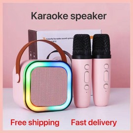 Mini Karaoke Machine for Kids Teen Adults, Kids Karaoke Machine with 2 Wireless Microphones and LED Lights Toys for Christmas Birthday Party, Home, Gifts for 4 5 6 7 8 9 10 11 12+ Years Girls Boys speaker  karoke - Color: pink