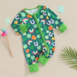 XIXIMAON Baby Boys Girls St Patricks Day Outfits Romper Long Sleeve Letter Clover Print Patchwork Jumpsuit Infant Playsuit Newborn Clothes (Grass Green, 0-3 Months)