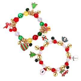 LENOOCLE Christmas Beaded Bracelet Christmas Jingle Bell Bracelets Xmas Tree Candy Cane Reindeer Snowman Charm Bracelets Holiday Jewelry Gift for Women