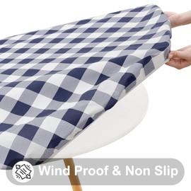 Smiry Round Picnic Table Cloth, Elastic Waterproof Fitted Vinyl Tablecloth for 36"-44" Tables, Flannel Backed Buffalo Plaid Table Covers for Dining, Camping, Outdoor, White and Navy