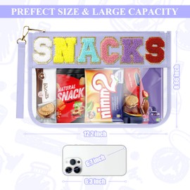 WOPIPAL Snack Bag for Travel & Makeup - Clear Chenille Letter Zipper Pouch, Waterproof Cosmetic Tote Bag for Women & Girls (Purple)