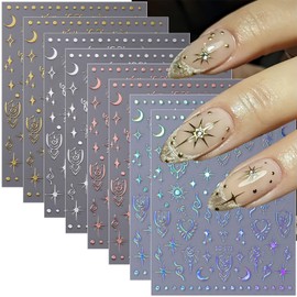 Moon Heart Star Nail Art Stickers Decals, 3D Self-Adhesive Heart Moon Star Nail Decals Laser Star Design Stickers Nail Charms Supplies for Women Girls Acrylic Nail Art Decoration Accessories 6 Sheets