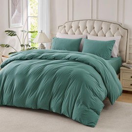 PURE ERA Jersey Knit Duvet Cover Set 100% T-Shirt Cotton Super Soft Comfy 3pc Bedding Set with Zipper Closure (Solid Teal Green, Full)
