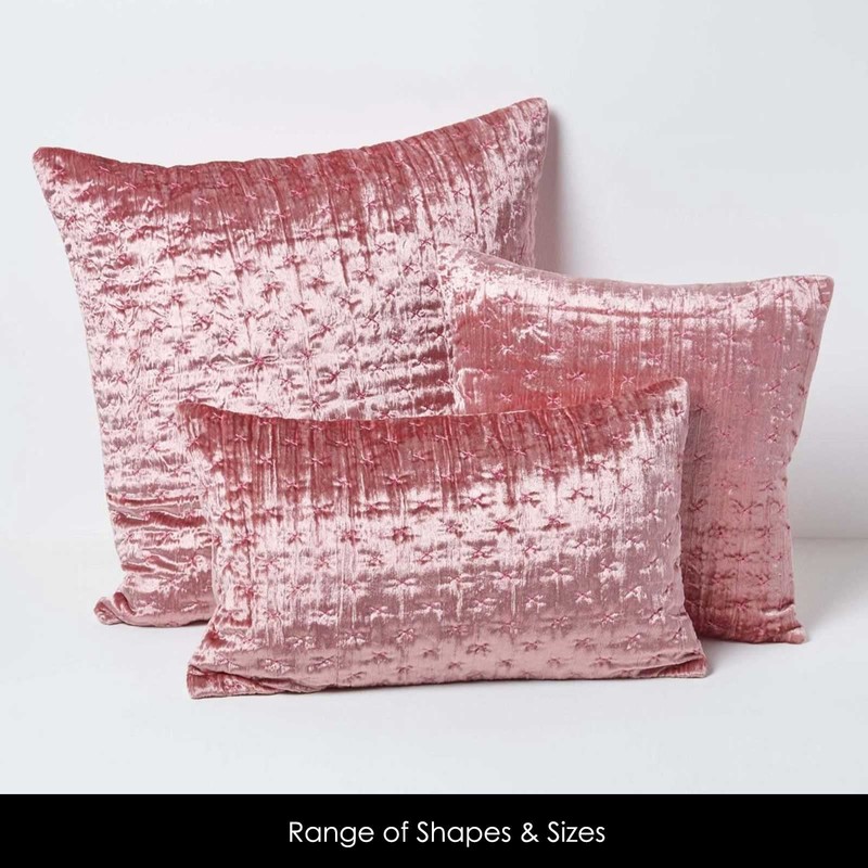 HOMESCAPES Blush Pink Rectangular Crushed Velvet Cushion Cover with Embroidered