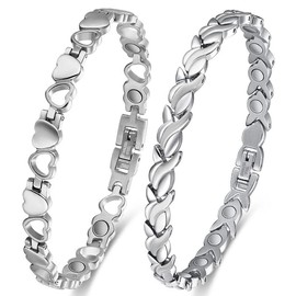 Cigmag 2PCS Magnetic Bracelets for Women Ultra Strength Magnet Titanium Steel Magnetic Brazaletes Set with Adjustable Tool and Gift Box for Mother's Day (Silver Fishtail & Love)