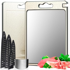 100% Pure Titanium Cutting Board Pro | Non Toxic Chopping Board for Kitchen | Dual Sided, Metal & Wheat Straw Boards with Knife Guards & Sharpener, Finger Guard & Juice Groove