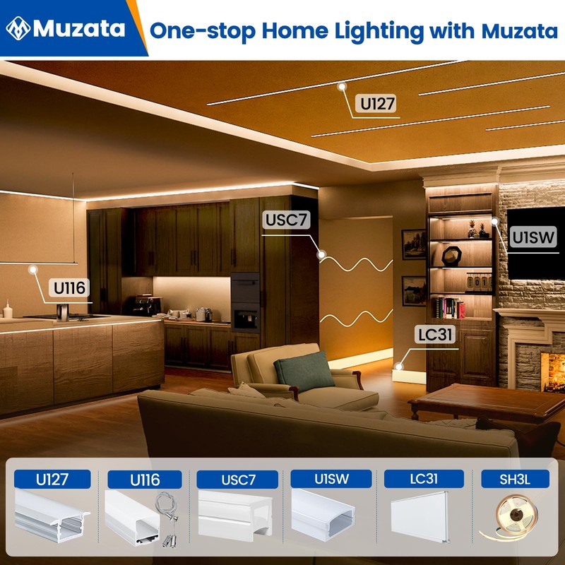 Muzata 5Pack 3.3FT/1M Spotless LED Channel with Hanging Wire No
