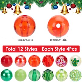 SUNNYCLUE 48Pcs 12 Styles Christmas Acrylic Beads Thick Bubble Bead Bulk 16mm Assorted Green Red Xmas Round Ball Disco Faceted Loose Spacer Pen Beads for Bracelets DIY jewellery Making Crafts Accessor