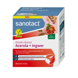 sanotact Direct Boost Acerola + Ginger | 20 Sticks | 180 mg Natural Vitamin C from Acerola | with Ginger Extract | Immune System & Cell Protection¹ | Vegan, Sugar-Free, Gluten Free, Lactose Free