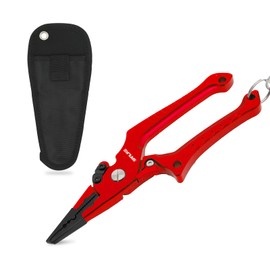 SANLIKE Fishing Pliers,Fish Lip Gripper,Multi-Function Fishing Tools, Aluminum,Fishing Line Cutter with Retractable Lanyard, Fly Fishing Accessories and Ice Fishing Gear, Fishing Tackle(RED)