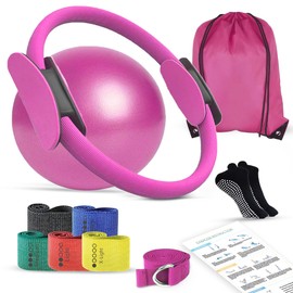 flexintense 9-in-1 Pilates Ring Set – 13” Magic Circle, 9.8” Mini Ball, 5 Fabric Resistance Bands, Yoga Strap, Non-Slip Socks, Carry Bag, Workout Guide – Home Workout Kit for Women & Men (Pink)