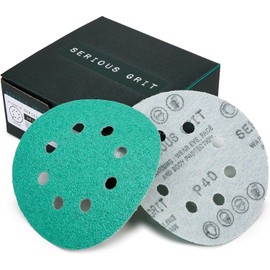 Serious Grit - 5-Inch 8-Hole 40 Grit Sanding Discs - Heavy-Duty Hook & Loop Film Discs - Sandpaper for Random Orbital Sanders - 25 Pack Box