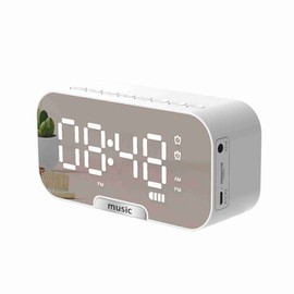 Digital Mirror Surface Alarm Clock with BT Speaker & FM Radio Dual Alarms Electronic Desktop Clock Rechargeable Portable Music Player Support TF Card 3 Levels Brightness Phone Stand for Home Office Travel