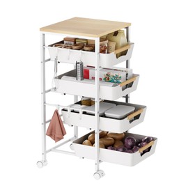 Landmok 5-Tier Kitchen Storage Cart, Wood Top Rolling Cart Organizer with Pull-Out Baskets & Wheels, Metal Snack Cart with Holder for Fruit, Vegetable, Microwave, Kitchen, Pantry, White