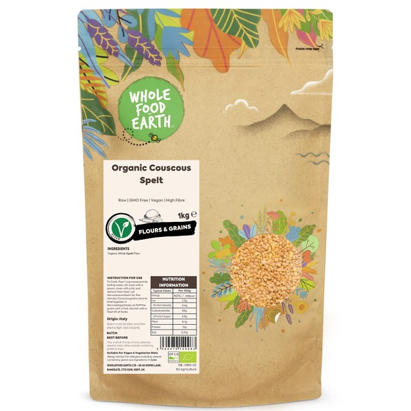 Wholefood Earth Organic Couscous Spelt – 1 kg | Raw | GMO Free | Vegan | High Fibre | Certified Organic