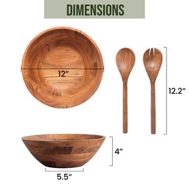 Luxe Designs Wooden Salad Bowl Set - Food Safe & Sustainable Decorative Bowl - Wood Bowl for Fruits, & Salads - Easy to Clean Large Salad Bowls Set w/Spoon, Fork – Wooden Bowls for Food (Natural)