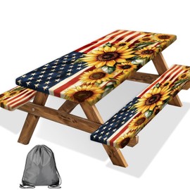 Picnic Table Cover with Bench Covers and Bag, American Flag Sunflower Summer Camping Essentials Outdoor Table Covers with Elastic Picnic Waterproof Fitted Tablecloth for RV Picnic Travel 3pcs 72inch