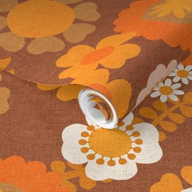 Removable Wallpaper 12ft x 2ft - Vintage Floral Retro Kitchen Orange Brown 1960S Custom Pre-Pasted Wallpaper by Spoonflower
