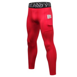 LEICHR Red Men's Sports Compression Pants & Tights Dry Fit Workout Training Tights Athletic Base Layer Leggings with Pockets