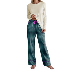 Famulily Ladies Long Sleeve Pyjamas Cute Tunic Top with Long Pants Soft Comfy Checked Printed Pj Lounge Sets Green M