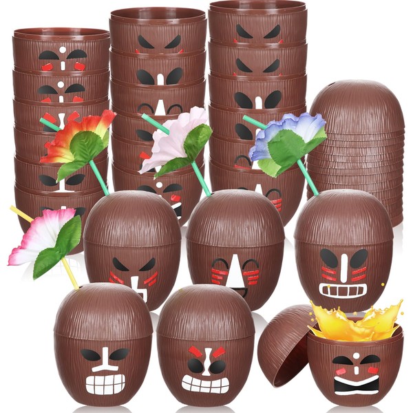 Yungyan 24 Sets Tiki Totem Coconut Cups with Flower Straws