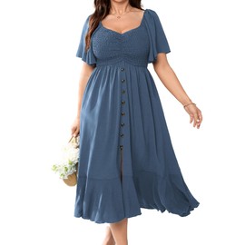 CICIDUDU Plus Size Summer Dresses Short Sleeve Smocked Ruched Front Button Down Flowy A Line Boho Wedding Guest Dress Dusty Blue