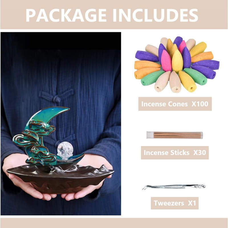Ayeelamb Waterfall Incense Burners, Waterfall Incense with 60 Backflow Incense