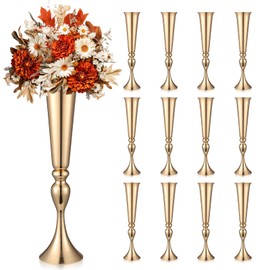 Aurabee 12 Pcs Tall Gold Trumpet Vases for Centerpieces & Wedding Tables - 21.65" Tall Gold Flower Vase Set with Weighted Base, Metal Trumpet Centerpieces for Tables (Bases para Centros de Mesa)