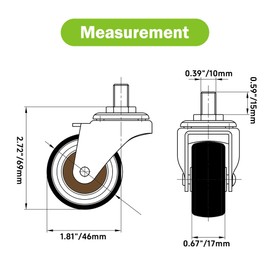 Swivel Caster Wheels Set of 4, M10 (Around 3/8") x 1" Threaded Stem Casters with 360 Degree No Noise Wheels, Heavy Duty Caster Wheel for Carts, Furniture, Dolly, Workbench (2 Inches Swivel)