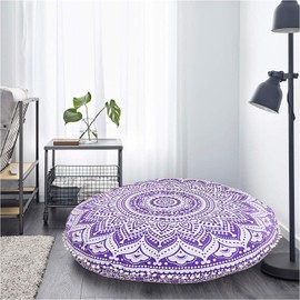 Radhykrishnafashions Indian 32" Large Hippie Mandala Floor Pillow Cover Cushion Cover Round Bohemian Yoga Decor Floor Cushion Case (Purple Ombra)