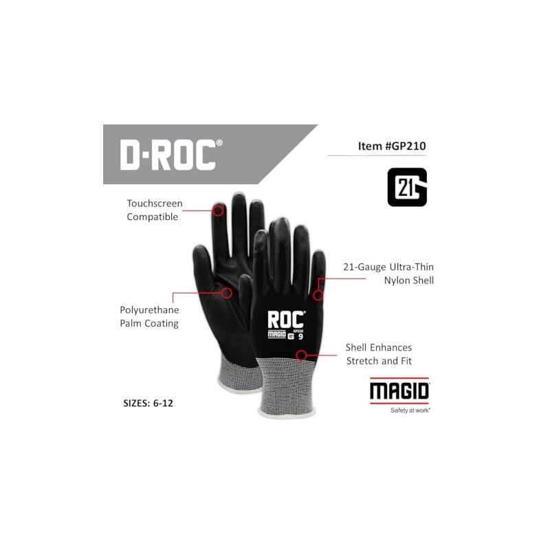 MAGID ROC 21G Ultra-Thin Polyurethane Palm Coated Work Glove -