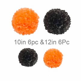 Black and Orange Tissue Paper Pom Poms Hanging Tissue Flowers Poms Decorations Pack of 12 for Wedding, Birthday,Party Backdrop Decor ect. (12", 10",Tissue Paper Flowers)