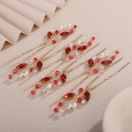 Teyglen 6pcs Red Rhinestone Wedding Hair Pins Bridal Crystal Hair Piece for Bride Women Party Prom Hair Pins Clips Wedding Hair Accessories Shiny Headpiece(Red)
