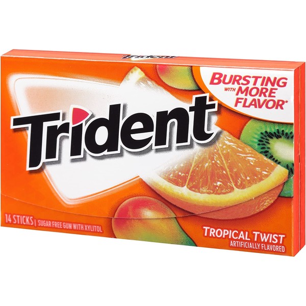 Trident Sugarless Gum, Tropical Twist, 14-Count Packages Pack of 15