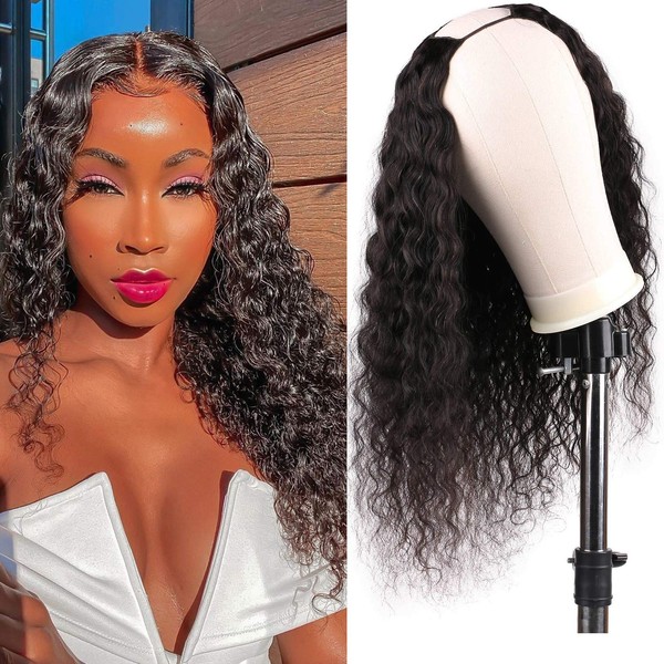 Huarisi 20 Inch Water Wave Human Hair None Lace Front Wig U Part Brazilian Curls Hair Wig 150% Density Machine Made Stylish and Natural for Women Simple to Wear