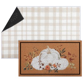 Tinideya 2 Pcs Fall Doormat Neutral Pumpkin Front Door Mat Autumn Buffalo Plaid Rug Combo Set Christmas Doormat Non Slip Gingerbread Man Entrance Door Rug for Porch Outdoor (Fall)