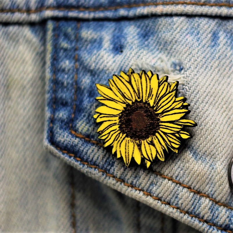 Hand Painted Sunflower Brooch | Handmade Wood Sun Flower Pin