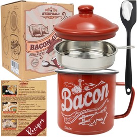 Ayerphalo Bacon Grease Container with Strainer - With Food-Grade Silicone Spatula, 46oz Large Enamel Rustic Farmhouse Fat Container, Keeper, Recipes, Dishwasher Safe