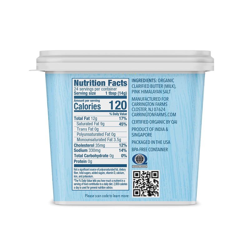 USDA Certified Organic Grass Fed Ghee with Himalayan Salt, 12oz,